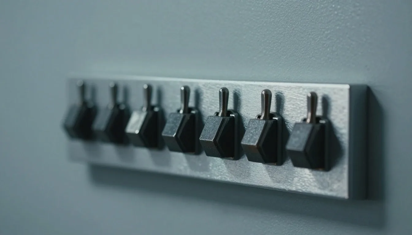 Brushed aluminium control panel under a single spotlight in a darkened workshop