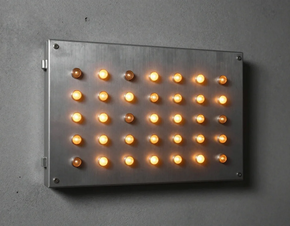Brushed aluminium control panel with stamped labels and indicator lights