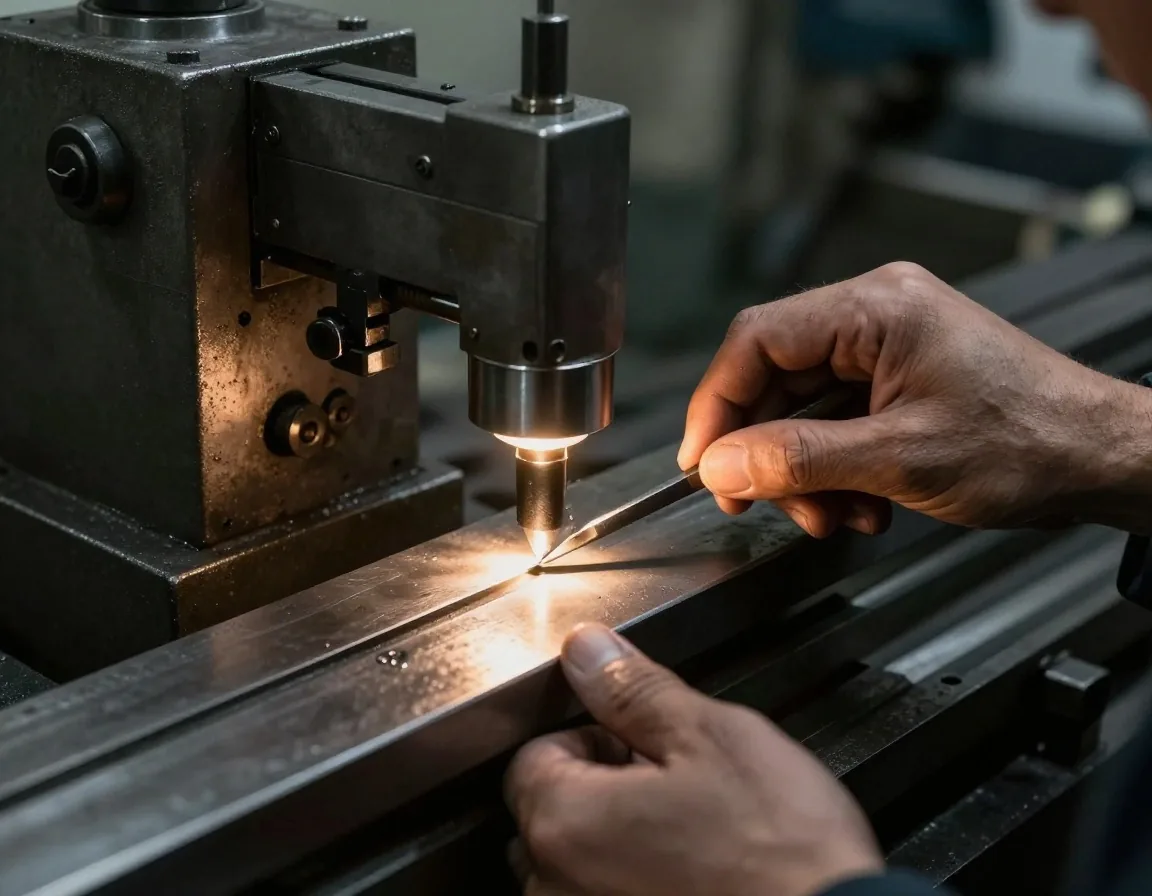 Engineer marking a calibration sheet on a brushed steel workbench