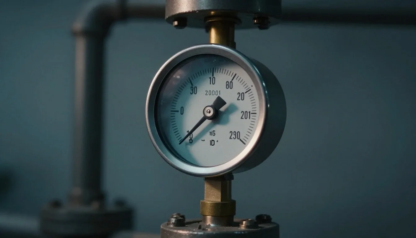Industrial pressure gauge dial lit by a single spotlight in a dark workshop