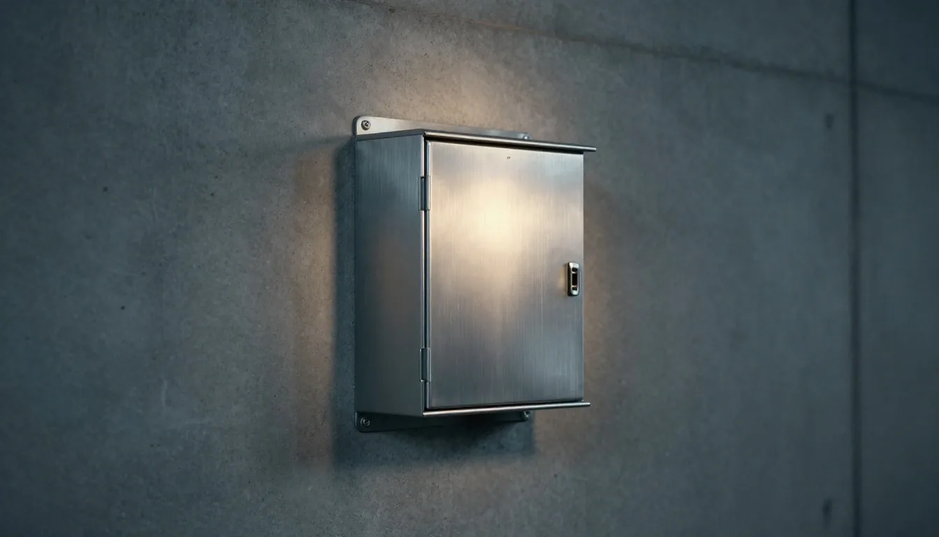 Brushed aluminium control panel under a single spotlight