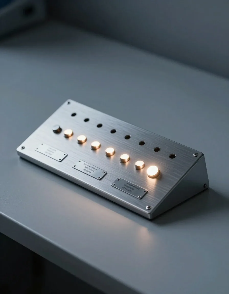 Brushed aluminium control panel with stamped labels and indicator lights
