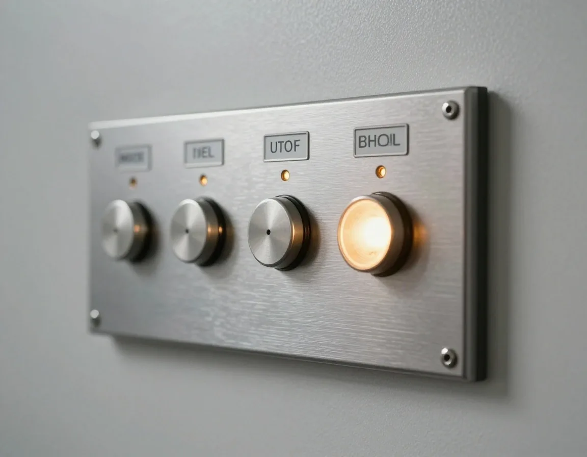 Brushed aluminium control panel with stamped labels under workshop light