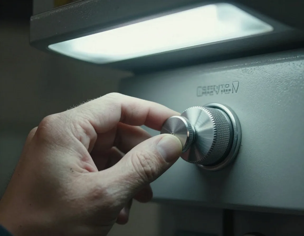 Engineer's hand adjusting a metal dial on a control panel