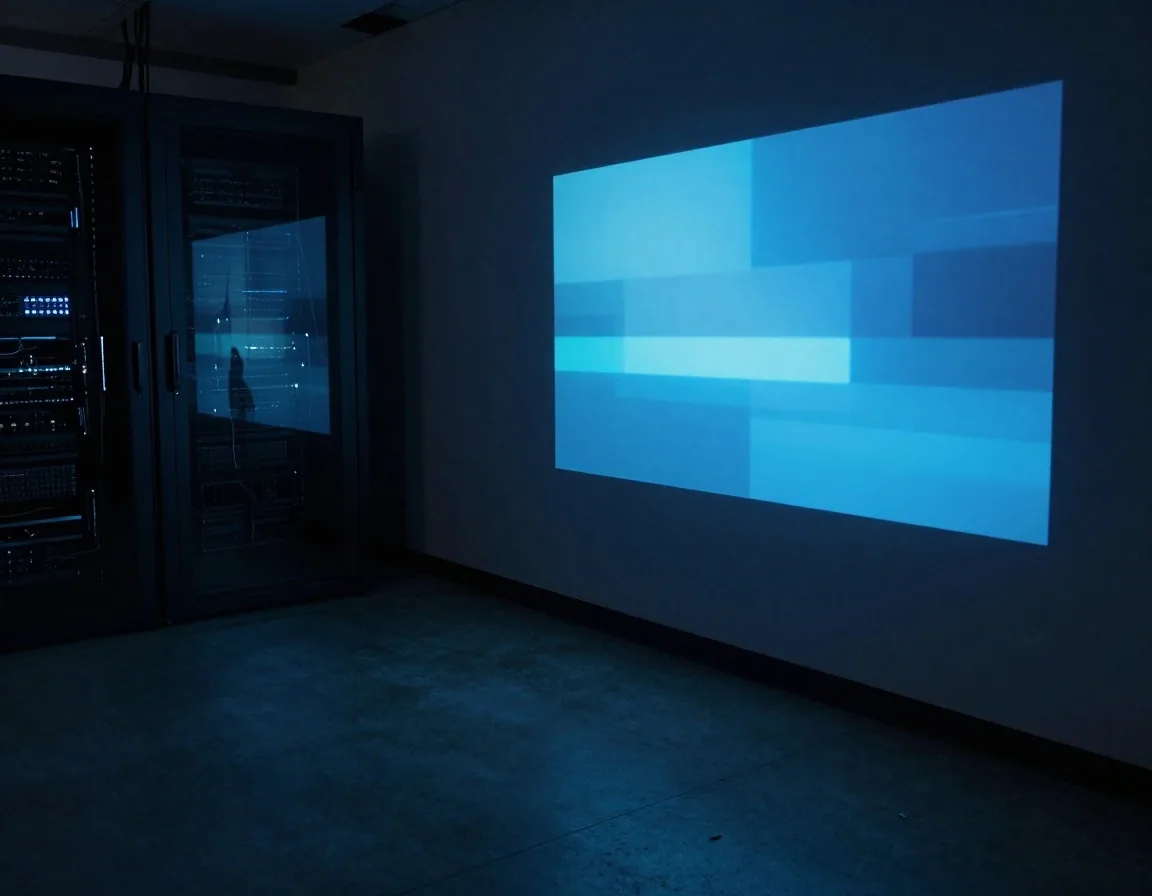 Glowing monitor in a darkened workshop with an operator silhouette