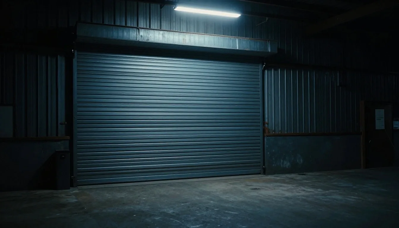 Pressure gauge dial under a single spotlight in a dark workshop