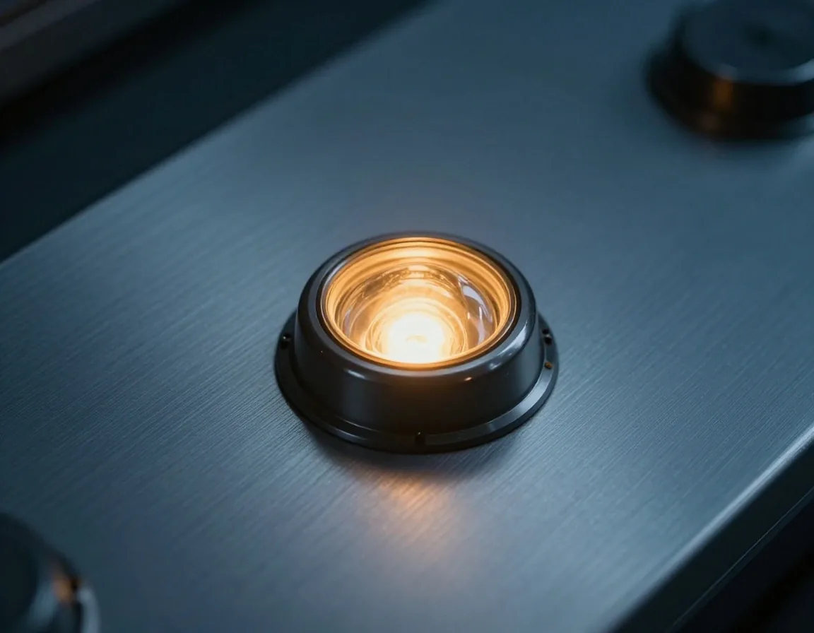 Recessed indicator light on a brushed metal control panel