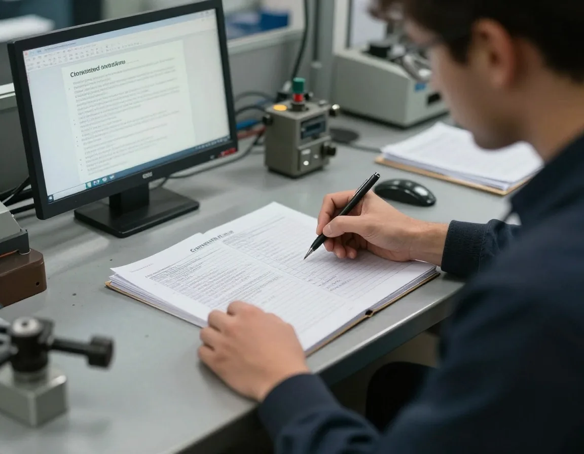 Engineer marking a calibration sheet on a metal workbench