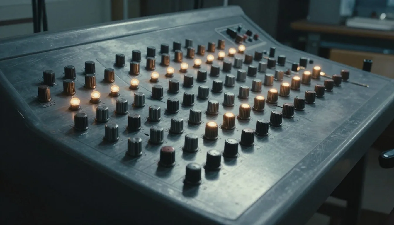 Brushed metal control panel under a spotlight