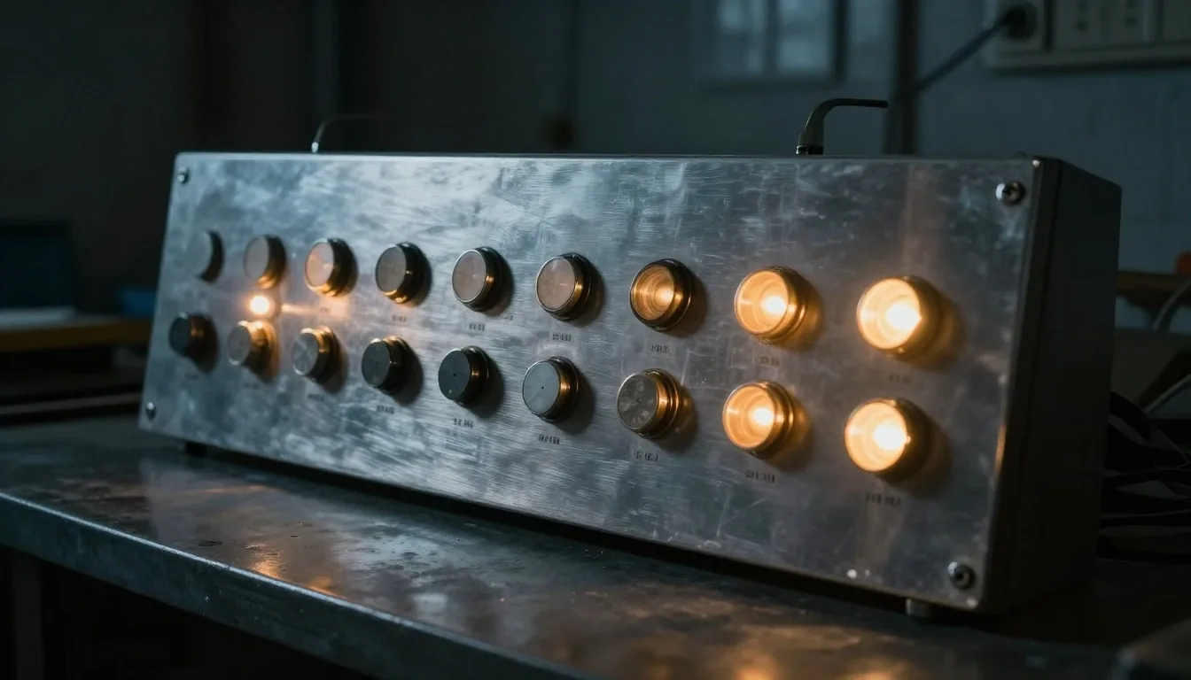 Brushed aluminium control panel under a single workshop spotlight